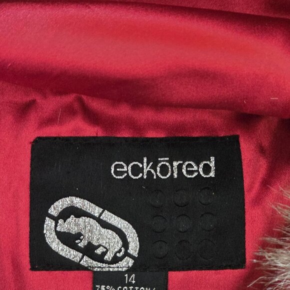 Vtg Ecko Red Jacket Women 14 Denim Faux Fur Hood No Pockets Lined Y2K Runs Small - Picture 3 of 16